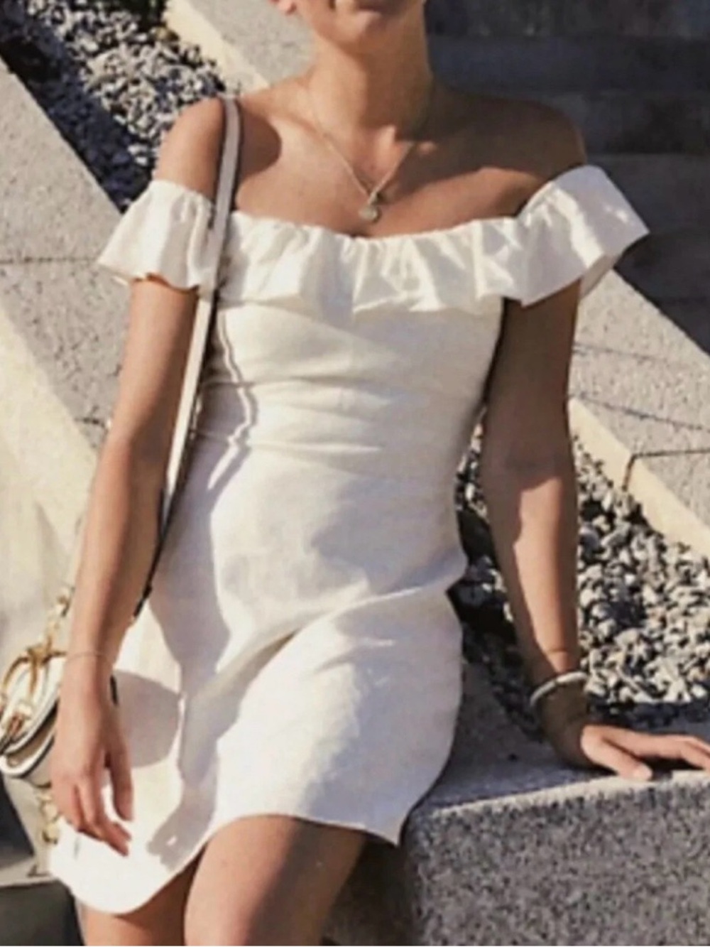 Zara SMALL Off-Shoulder Ruffle Mini Dress in Cream
